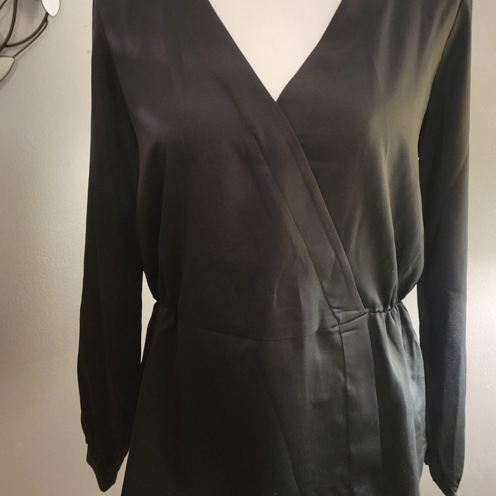 J. Crew Satin Surplice Peplum Wrap Blouse Black - Size Small